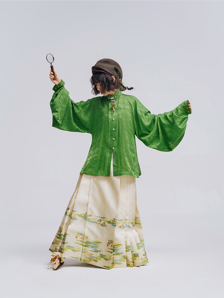 Man Man 慢慢 Modernized Ming Dynasty Mulberry Silk Liling Duanshan Standing Collar Top
