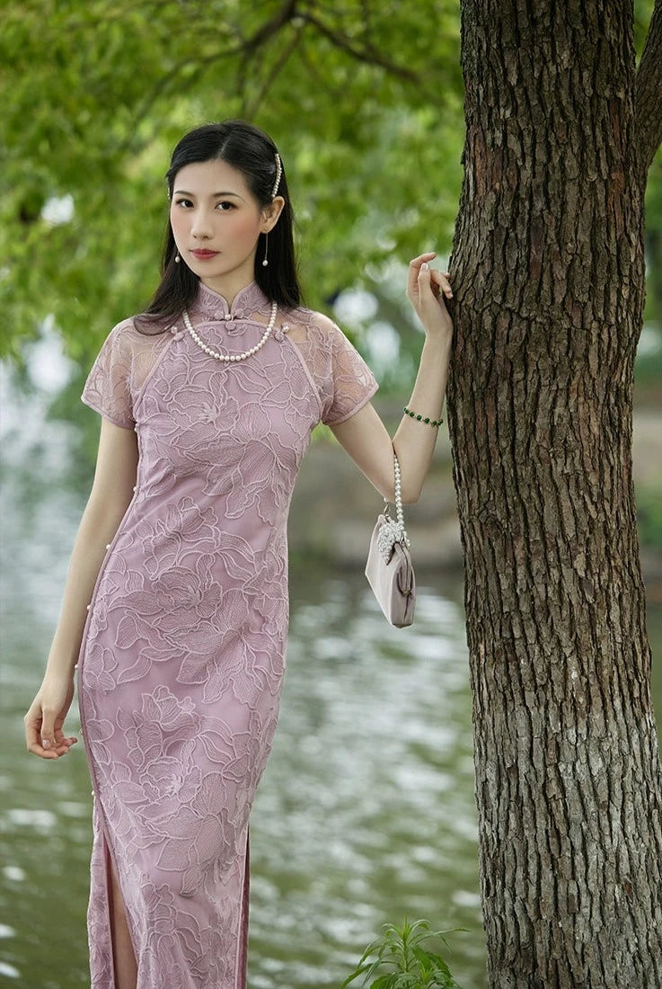 Yue 月 Moon 1920s Inspired Floral Lace Sheer Qipao