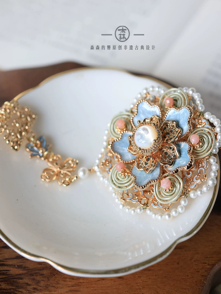 Bao Xianghua 宝相花 Auspicious Flower New Chinese Style Pearl Tassel Hair Clips