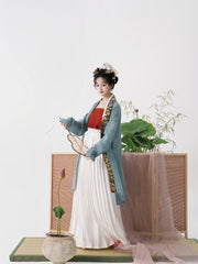 Serenade of Peaceful Joy 清平乐 Northern Song Dynasty Brocade Trim Changshan Top Bijia Vest & Baidiequn Skirt Set