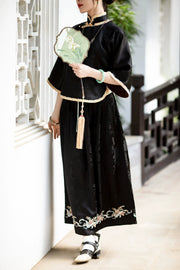 Manye Roujuan 蔓叶柔卷 Unfurling Leaves 1920s Jacquard Satin Embroidered Maxi Skirt