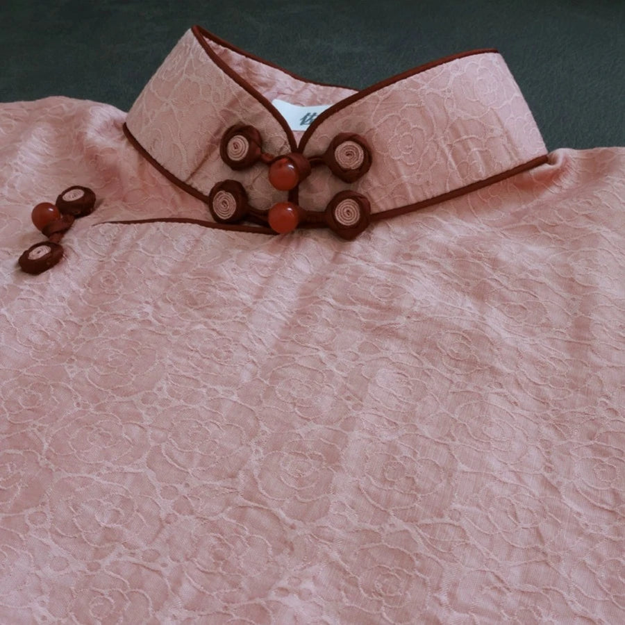 Ying Tao 樱桃 Cherry Pink 1930s Flower Knot Short Sleeve Qipao