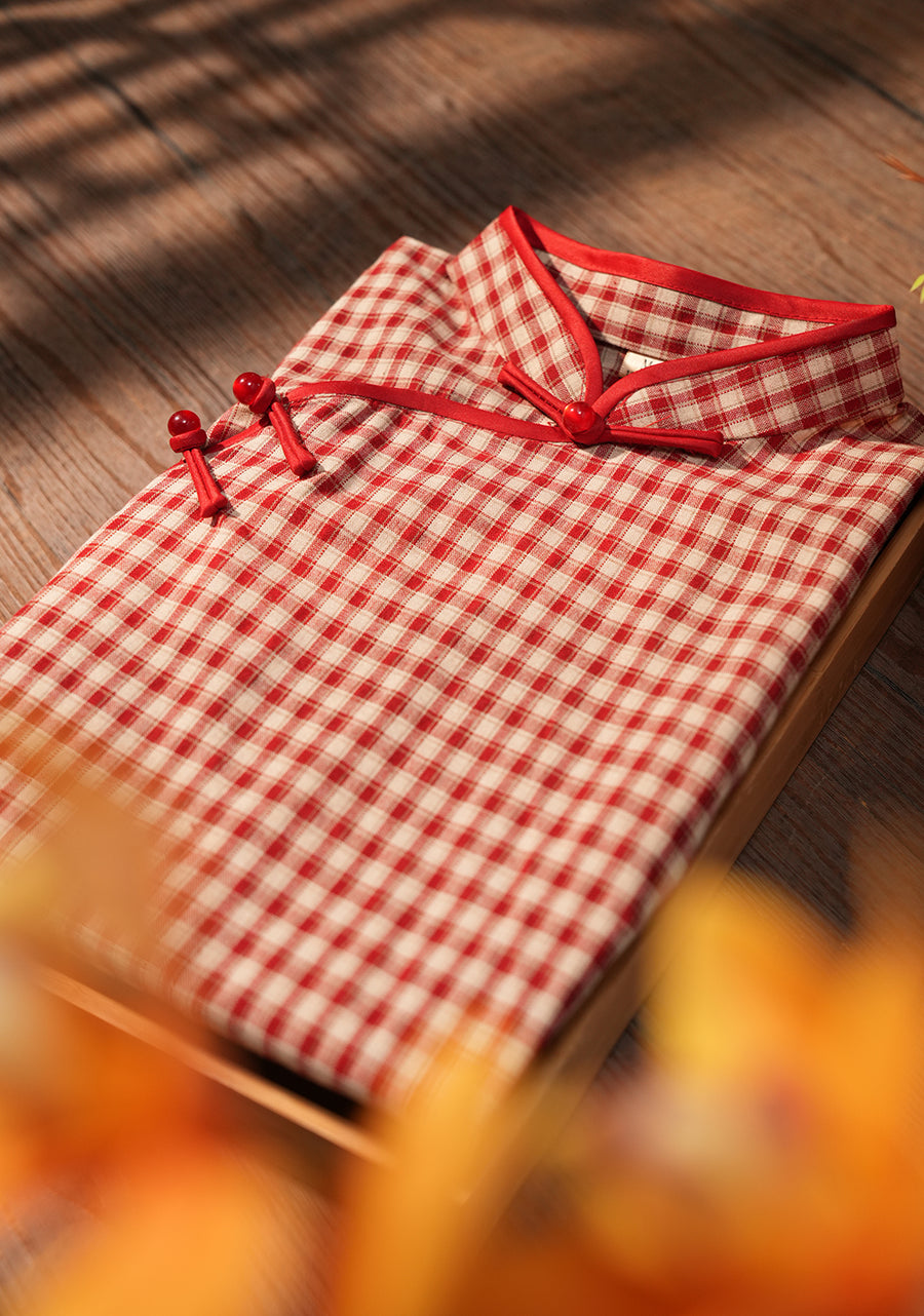 Yecan Tan 野餐毯 Picnic Blanket Republic of China Gingham Pure Cotton Short Sleeve Qipao