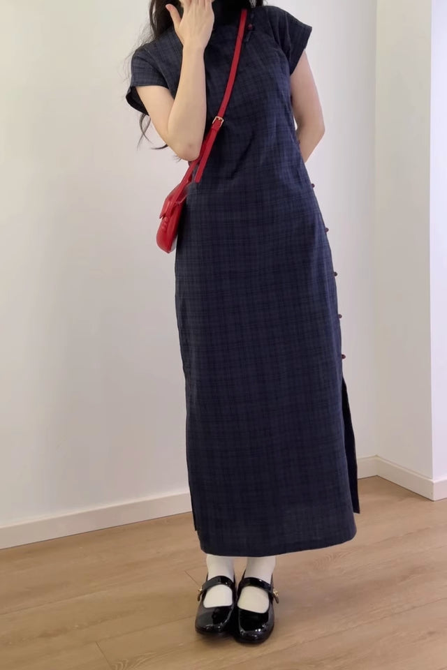 Tang Mi 糖蜜 Molasses Republic of China Navy Plaid Pure Cotton Short Sleeve Qipao