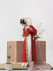 Serenade of Peaceful Joy 清平乐 Northern Song Dynasty Brocade Trim Changshan Top Bijia Vest & Baidiequn Skirt Set