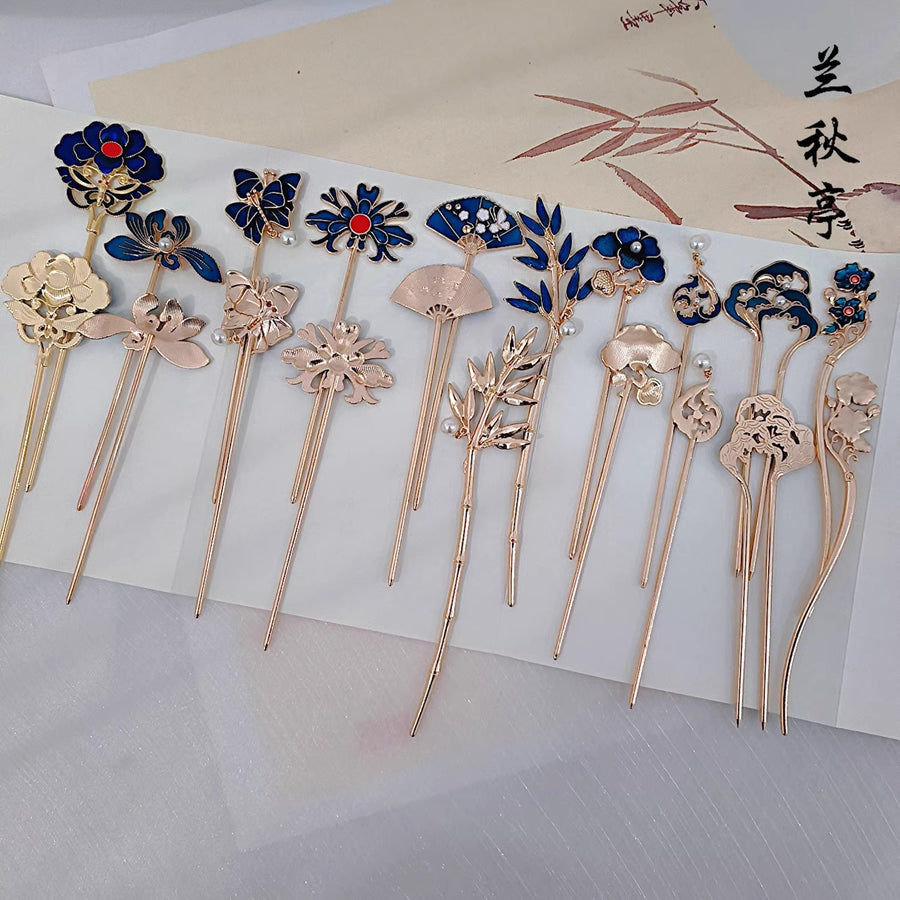 Shao Lan 烧蓝 Burnt Blue Various Ming Dynasty Turquoise Flower Hairpins