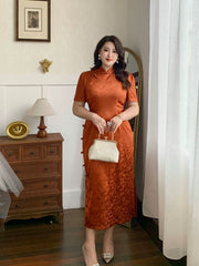 Xiaying Rui 霞映蕊 Glowing Sunset Plus Size Modernized Vintage Bottleneck Jacquard Qipao
