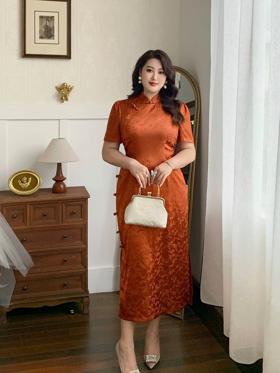 Xiaying Rui 霞映蕊 Glowing Sunset Plus Size Modernized Vintage Bottleneck Jacquard Qipao