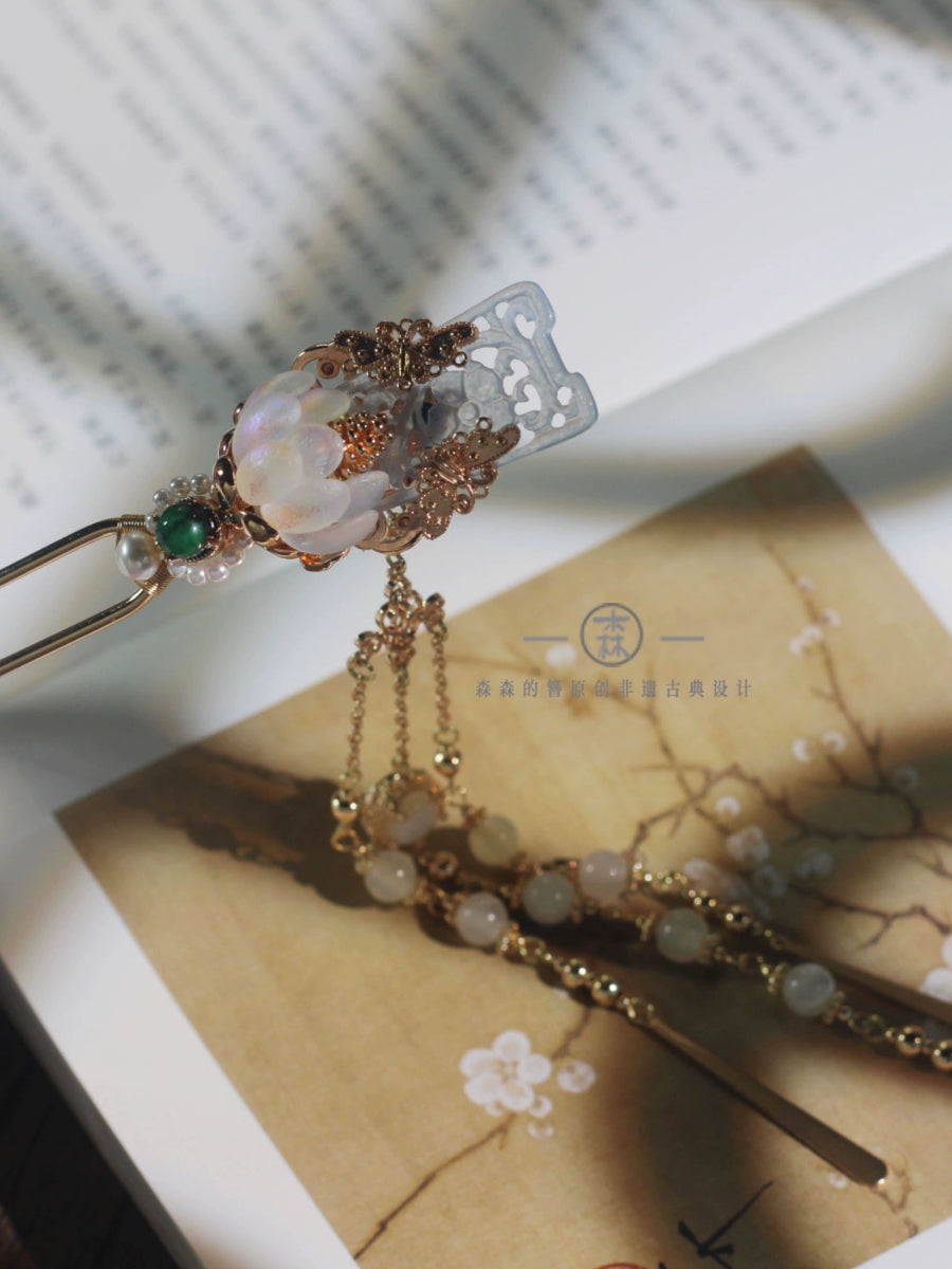 Nuhua 女华 Feminine Elegance New Chinese Style Blue Bashan Jade Hair Accessories