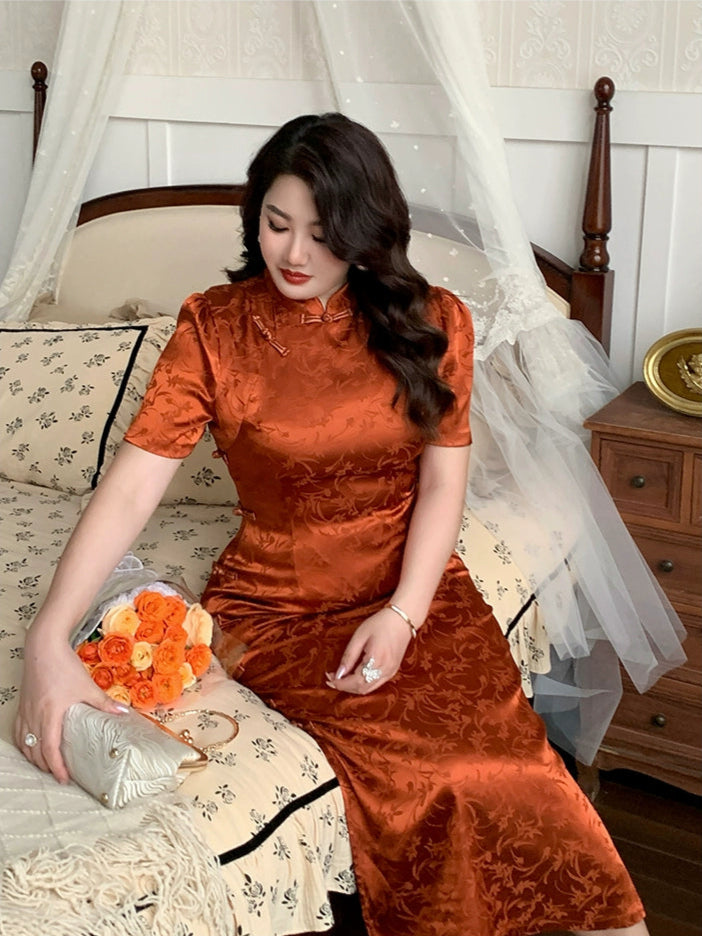 Xiaying Rui 霞映蕊 Glowing Sunset Plus Size Modernized Vintage Bottleneck Jacquard Qipao