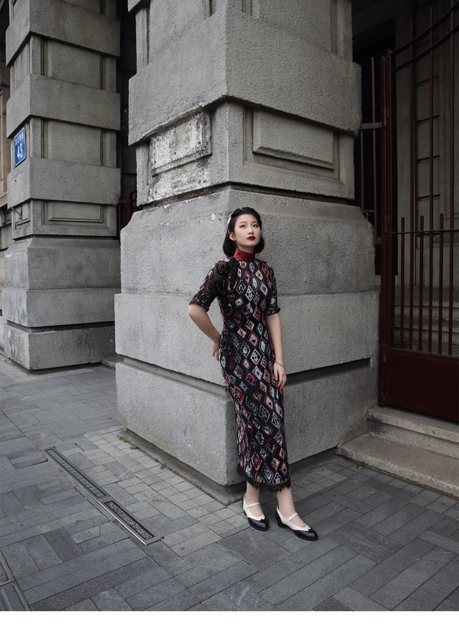 Gatsby 盖茨比 1920s Sheer Velvet Bottle Neck Qipao