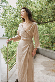Peach Blossom with a Human Face 人面桃花 New Chinese Style Pure Ramie Wrap Dress