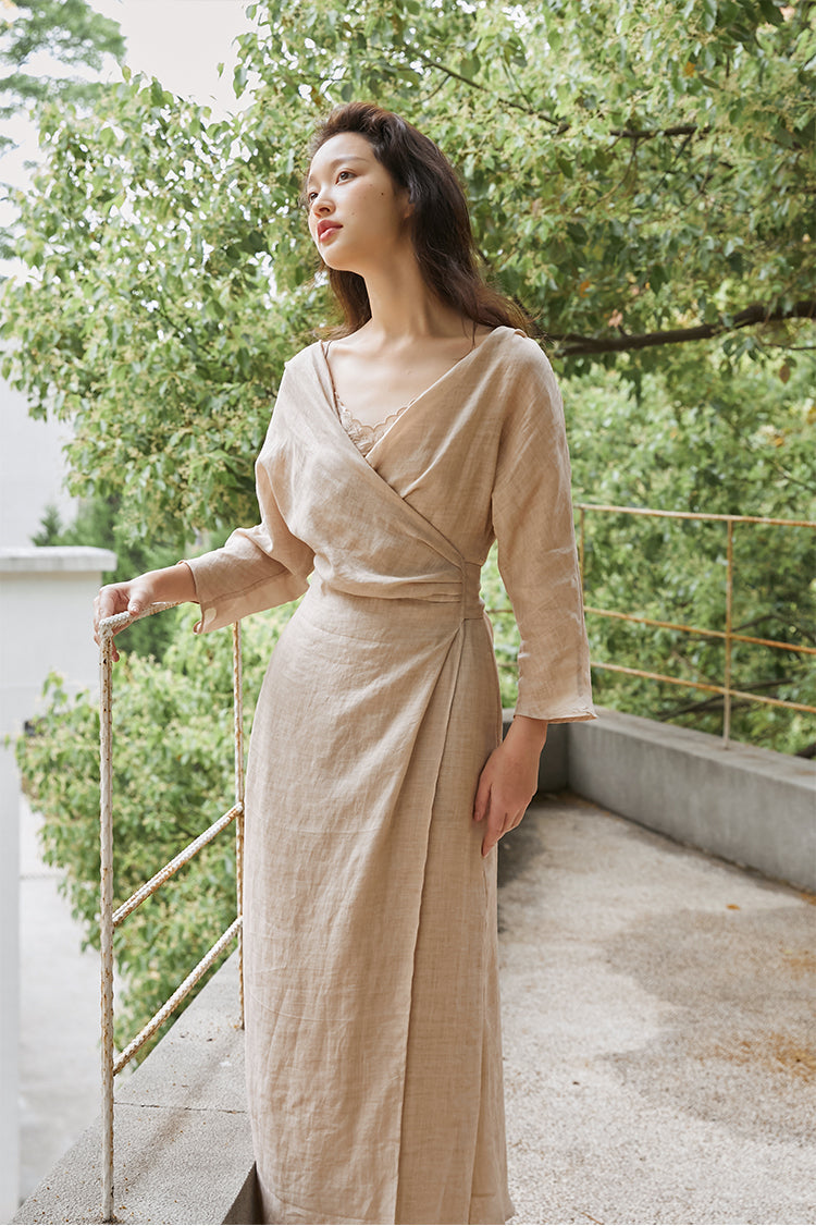 Peach Blossom with a Human Face 人面桃花 New Chinese Style Pure Ramie Wrap Dress