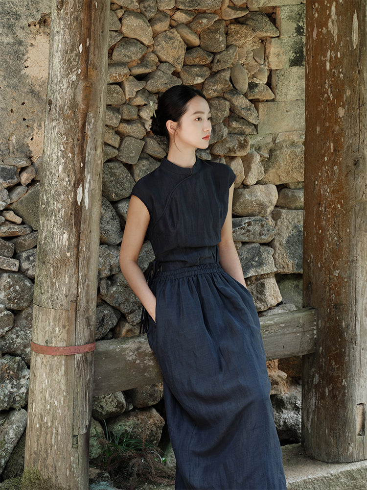 Lan Su 蓝溯 Tracing Blue New Chinese Style Summer Tencel Linen Qipao Top & Skirt Set