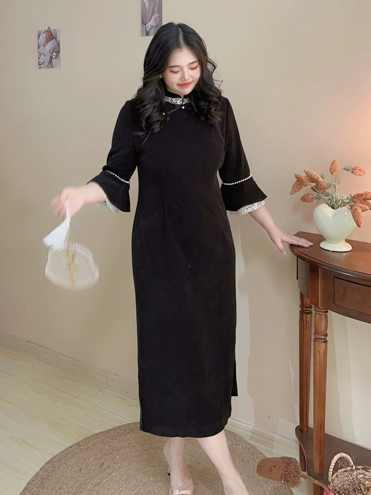Sirong 丝绒 Velvet Lace Plus Sized Winter Long Sleeve Qipao