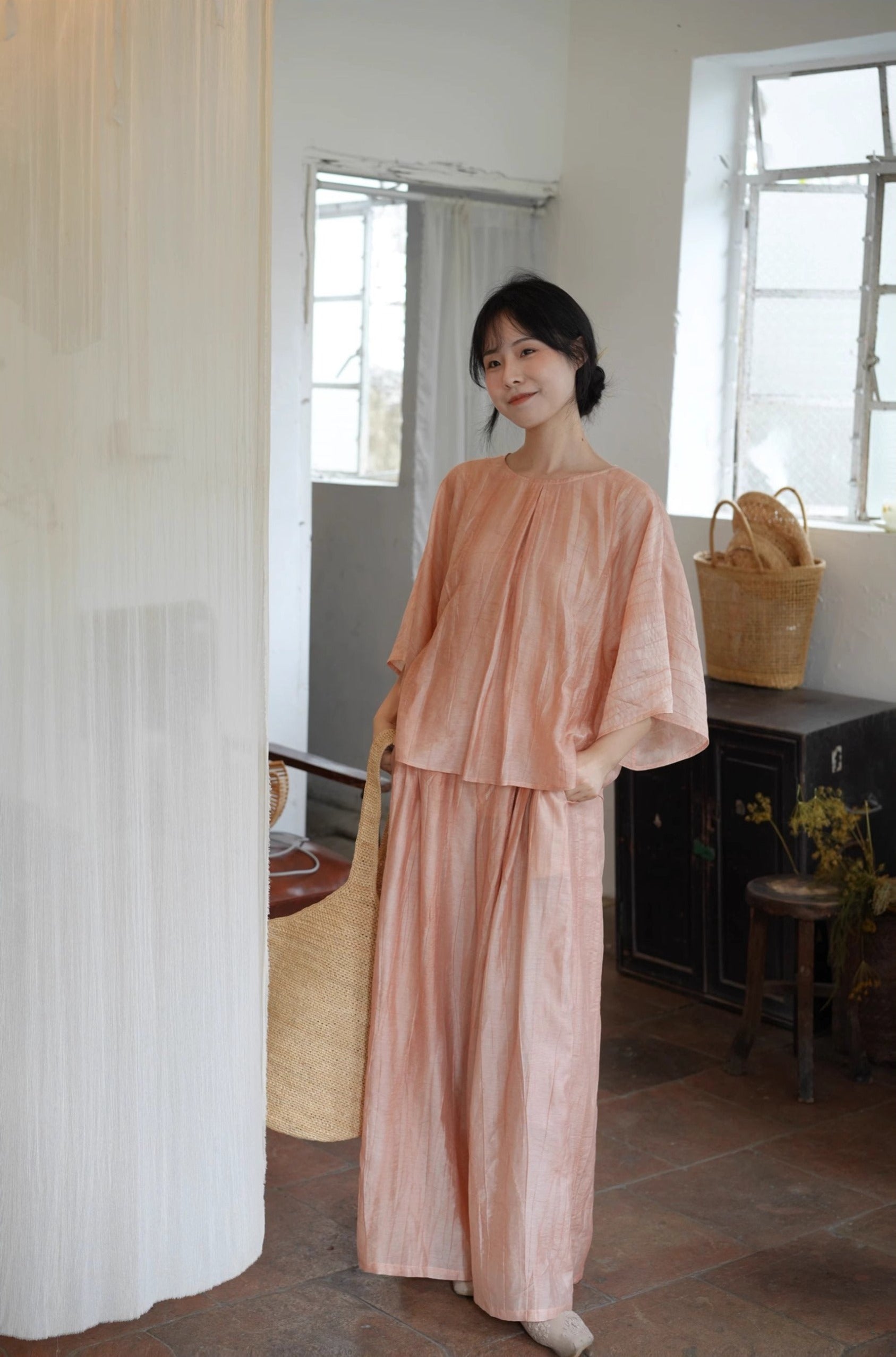 Ziruo 自若 Modernized Ming Dynasty Summer Tencel Shirt & Wide Leg Trousers Set