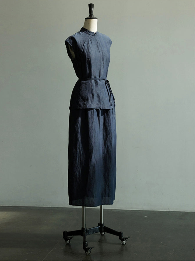 Lan Su 蓝溯 Tracing Blue New Chinese Style Summer Tencel Linen Qipao Top & Skirt Set