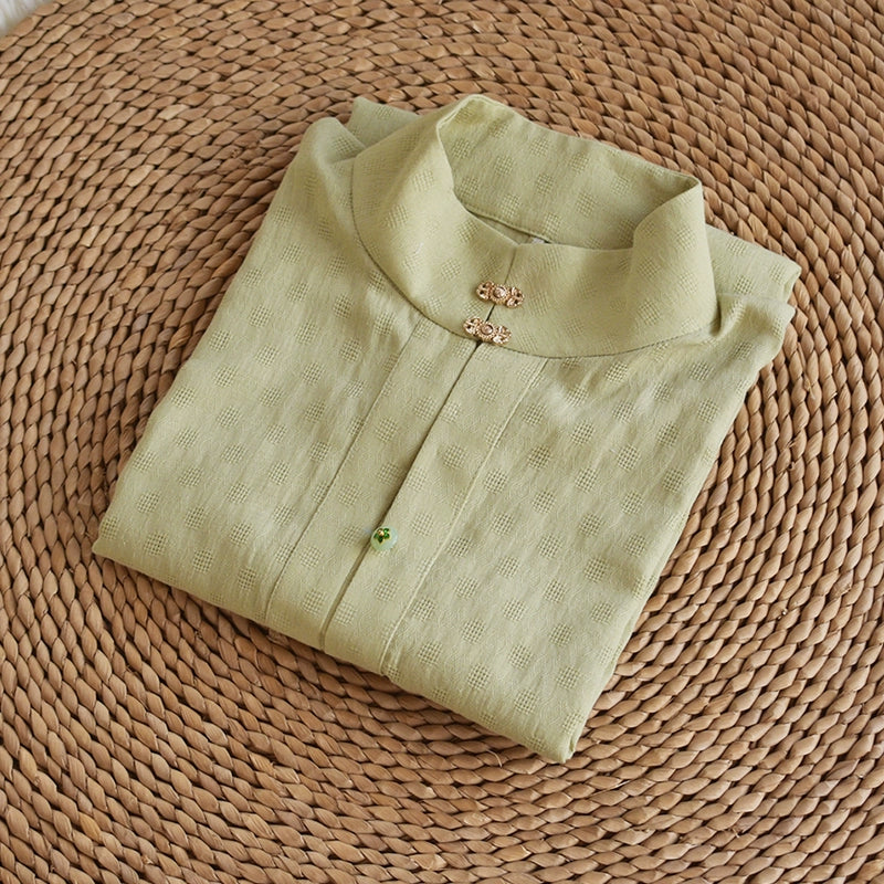 Macaron 马卡龙 Ming Dynasty Pure Cotton Standing Collar Daily Summer Shirt