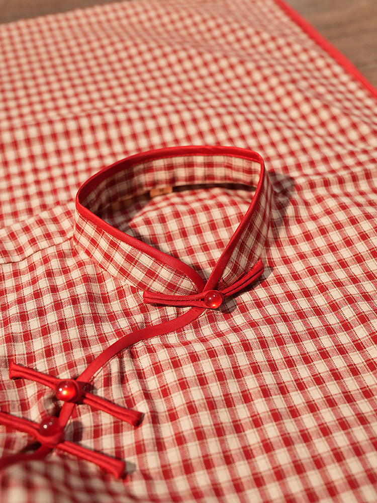 Yecan Tan 野餐毯 Picnic Blanket Republic of China Gingham Pure Cotton Short Sleeve Qipao