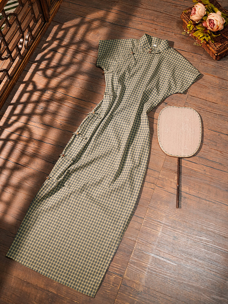 Maomao Chong 毛毛虫 Caterpillar Republic of China Plaid Jacquard Short Sleeve Qipao