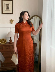 Xiaying Rui 霞映蕊 Glowing Sunset Plus Size Modernized Vintage Bottleneck Jacquard Qipao