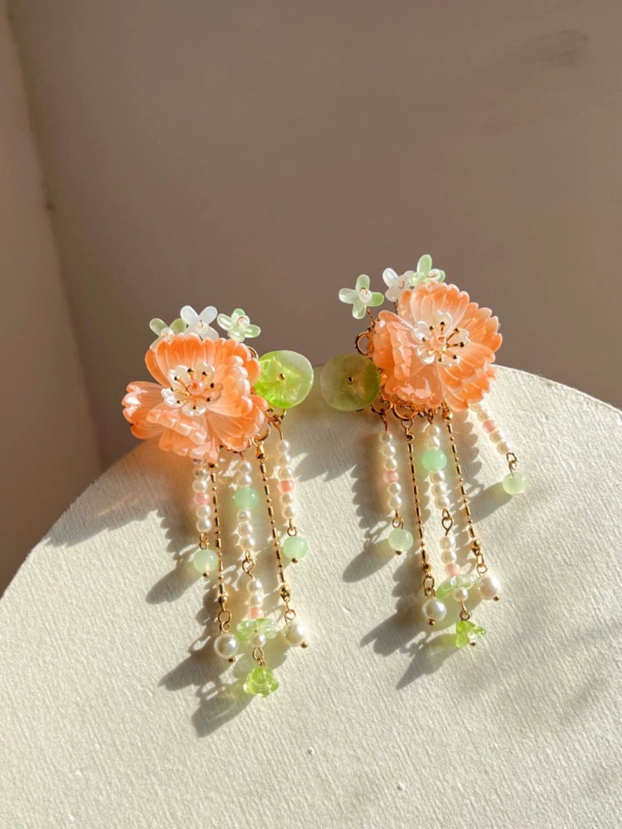 Nuan Ju 暖橘 Warm Orange Floral Pearl Hair Clips