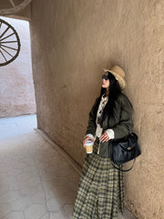 Chang Lü 常绿 Evergreen Modernized Ming Plus Size Wool Round Collar Coat & Plaid Easy Wear Mamian Skirt Set