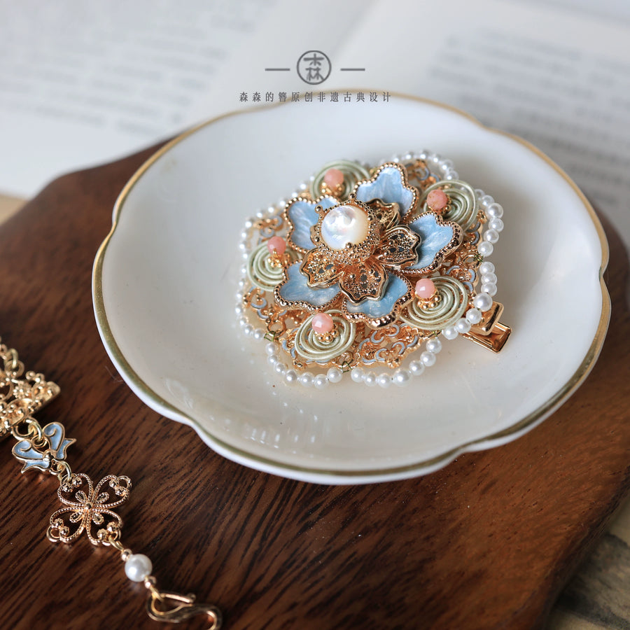 Bao Xianghua 宝相花 Auspicious Flower New Chinese Style Pearl Tassel Hair Clips