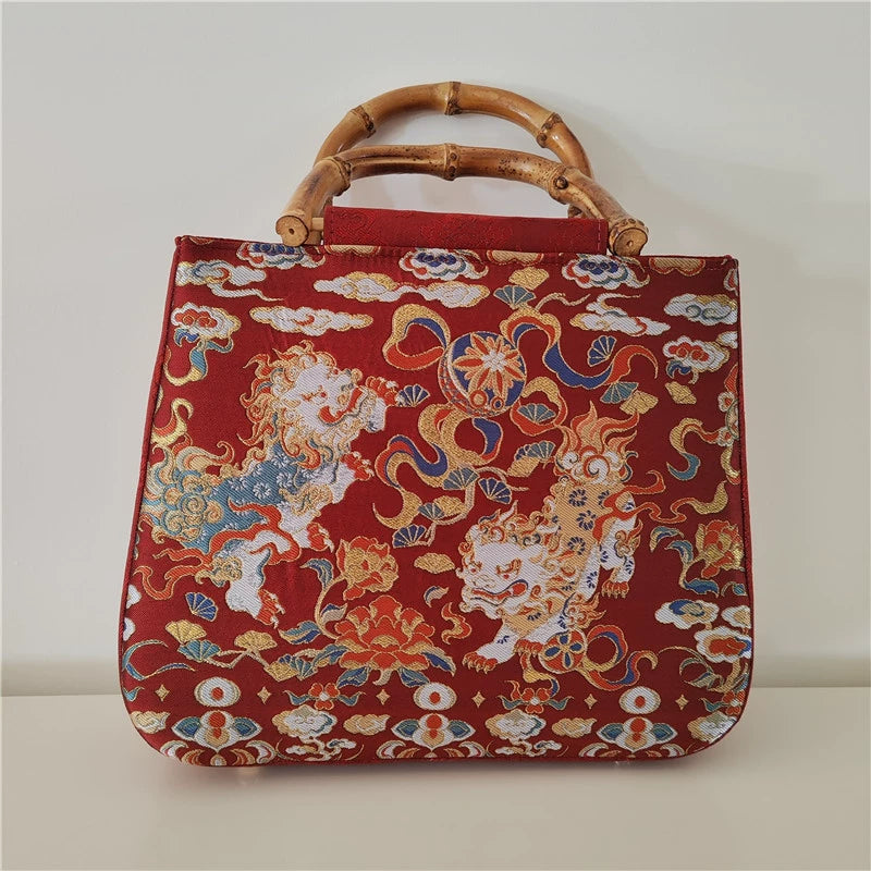 Shizi Xiqiu 狮子戏球 Playful Lions Bamboo Handle Brocade Bag