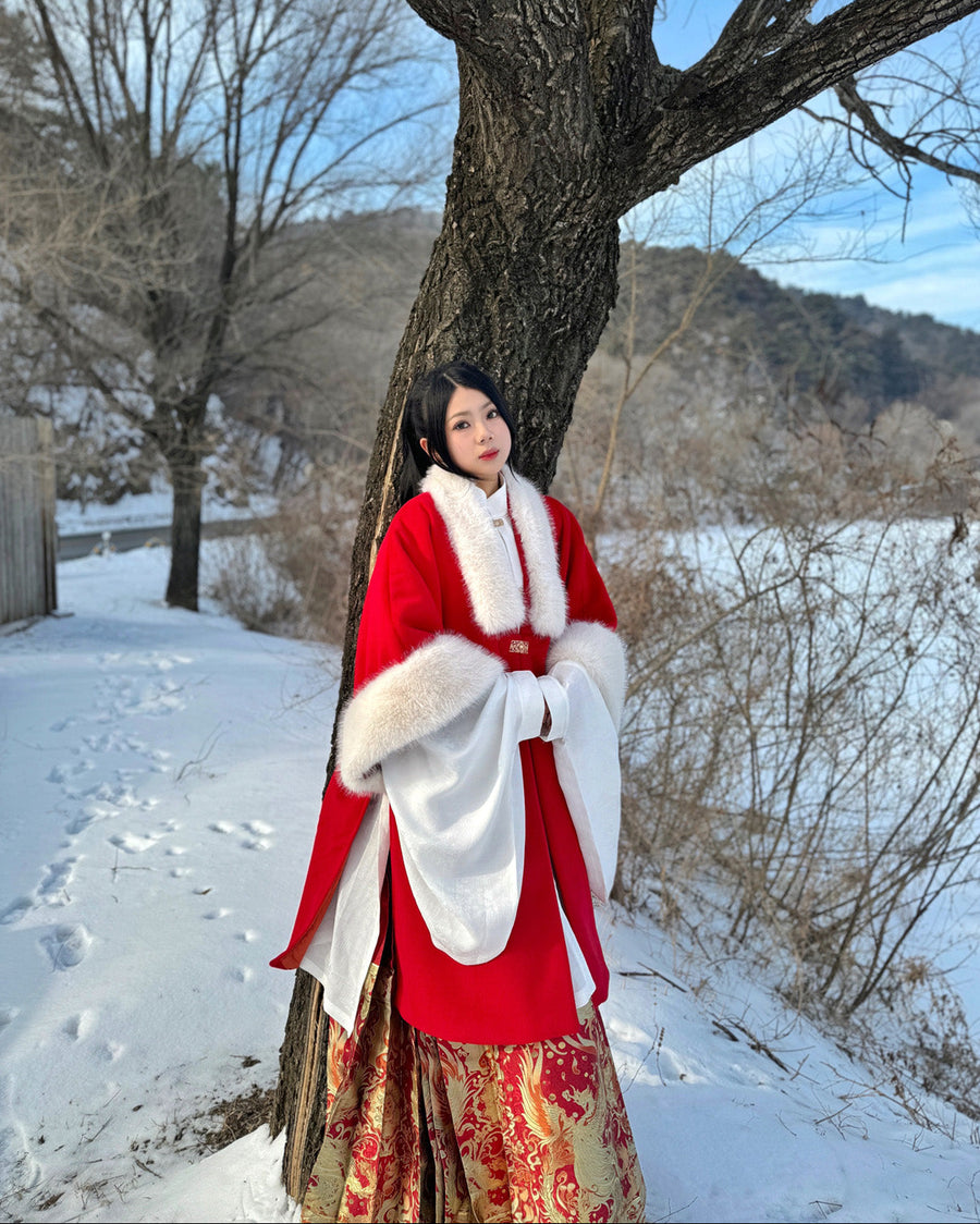 Li Luo 梨落 Pear Blossom Ming Dynasty Plus Size Pifeng Faux Fur Coat & Changshan Long Top Set