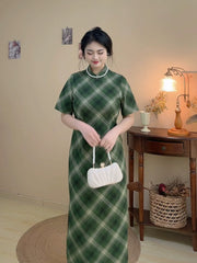 Gezi 格子 Plaid Plus Size 1930s Inspired Cotton Short Sleeve Qipao