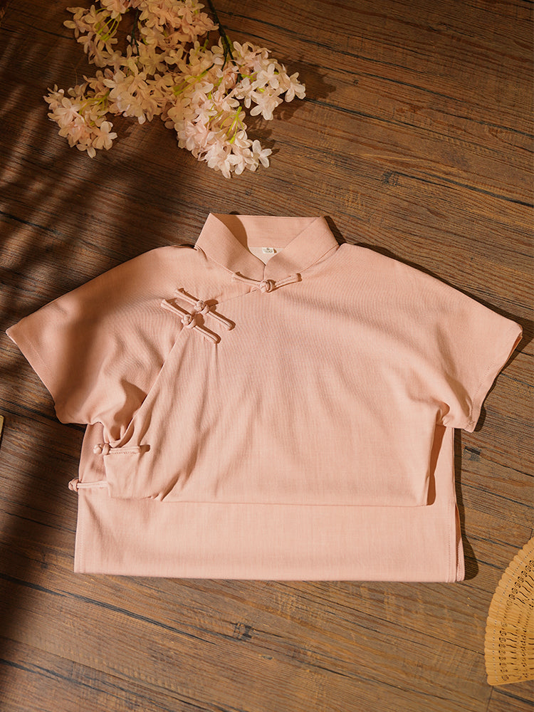 Sanwen Yu 三文鱼 Pink Salmon Republic of China Cotton & Linen Short Sleeve Qipao