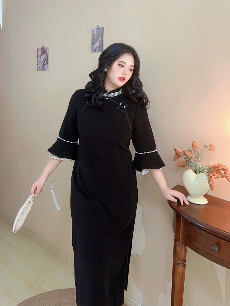 Sirong 丝绒 Velvet Lace Plus Sized Winter Long Sleeve Qipao