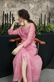 Peach Blossom with a Human Face 人面桃花 New Chinese Style Pure Ramie Wrap Dress