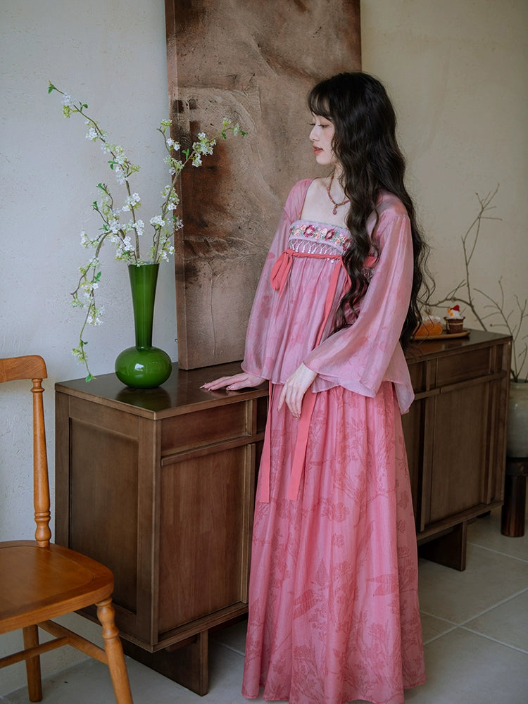 Taohua Qu 桃花曲 Peach Blossom Ballad Modernized Tang Dynasty Floral Embroidery Ruqun Top & Skirt Set