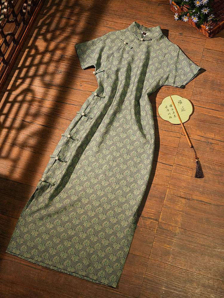 Lüsün 芦笋 Asparagus Republic of China Jacquard Cotton Short Sleeve Qipao