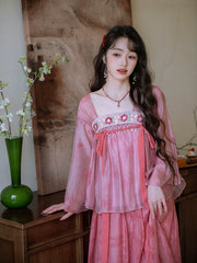 Taohua Qu 桃花曲 Peach Blossom Ballad Modernized Tang Dynasty Floral Embroidery Ruqun Top & Skirt Set