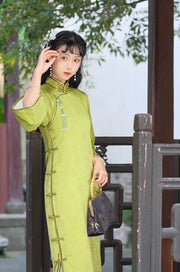 Liu Huang 柳黄 1930s Double Lined Satin Bell Sleeve Qipao