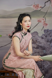 Tao Fen 桃粉 Peach Powder 1930s Satin Jacquard Cap Sleeve Qipao