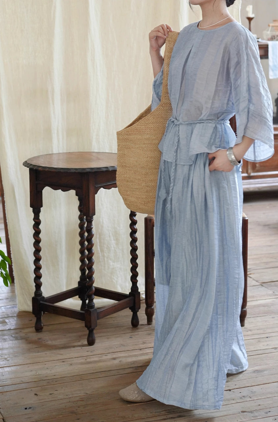 Ziruo 自若 Modernized Ming Dynasty Summer Tencel Shirt & Wide Leg Trousers Set