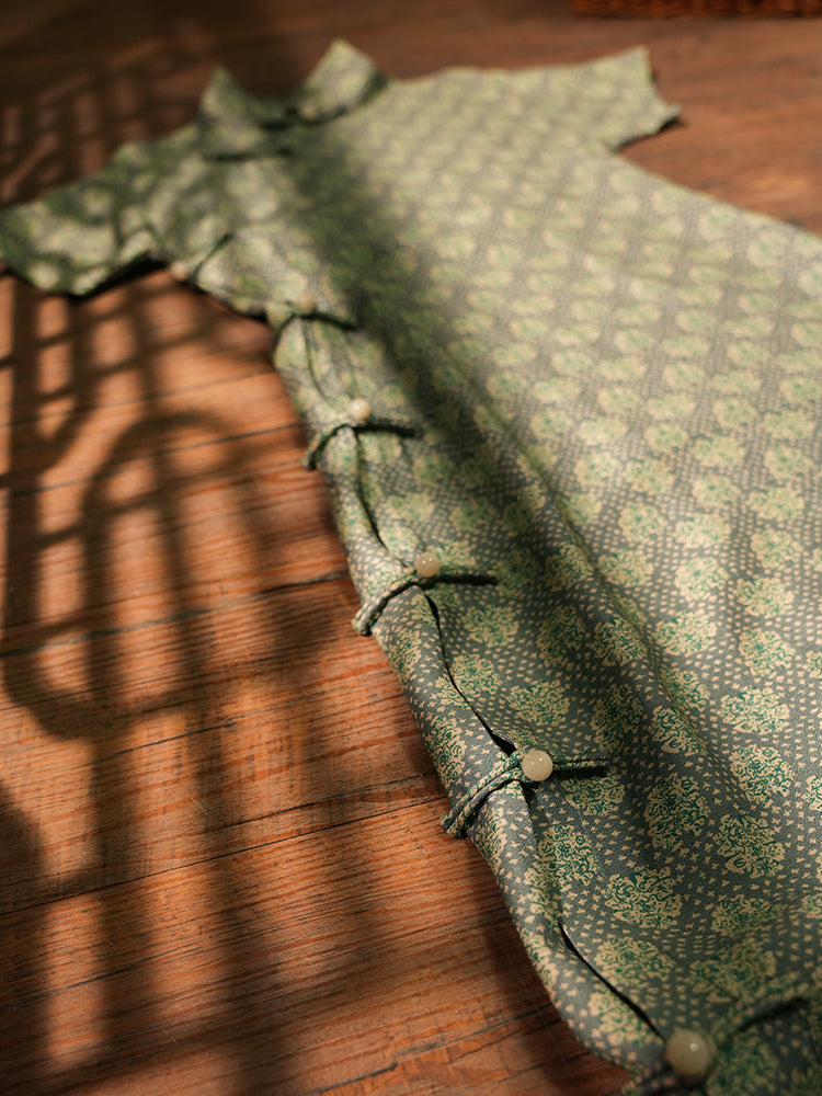 Lüsün 芦笋 Asparagus Republic of China Jacquard Cotton Short Sleeve Qipao
