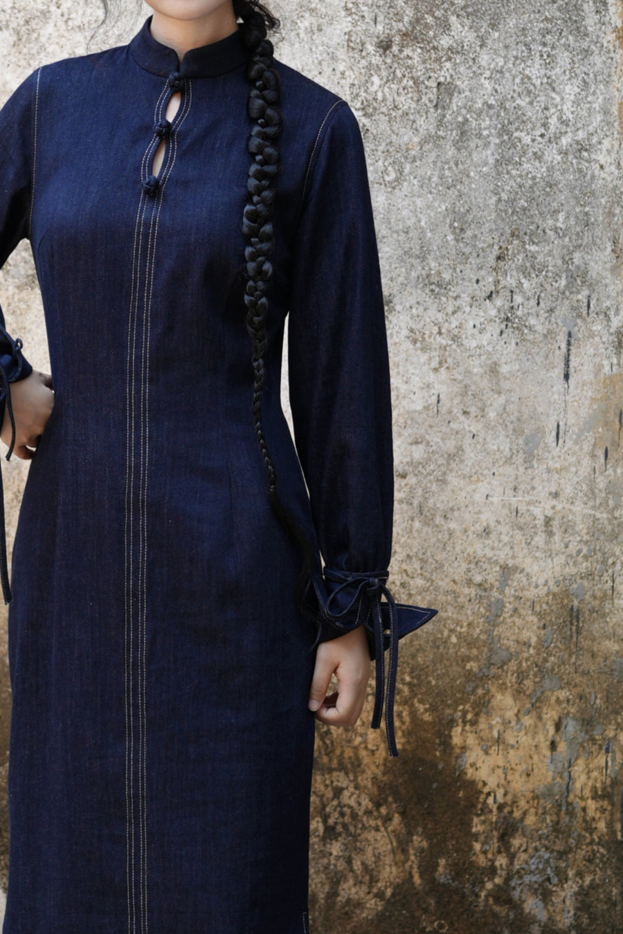 Lan Diao 蓝调 Everyday Blues Modernized Cotton Denim Long Sleeve Qipao