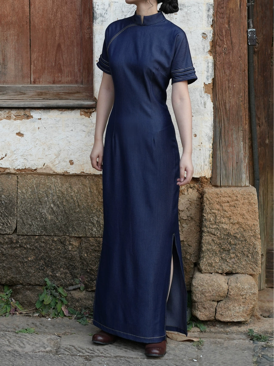 Shuo Ye 朔夜 New Moon Night Modernized Cotton Denim Short Sleeve Qipao