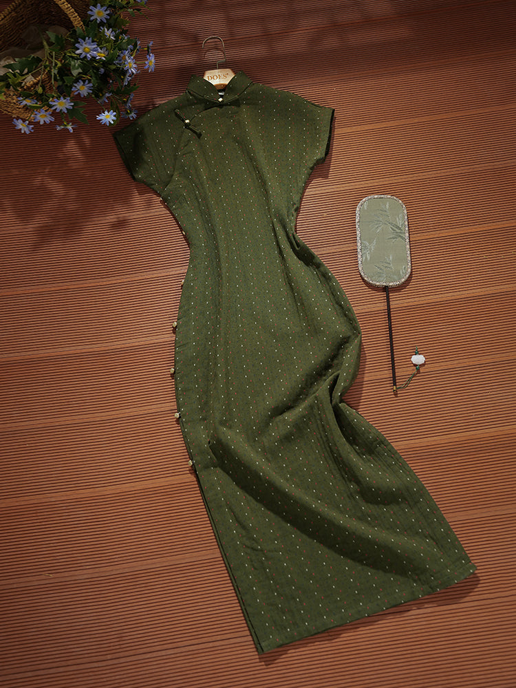 Suya 素雅 Simple Elegance Republic of China Dotted Stripes Pure Cotton Short Sleeve Qipao