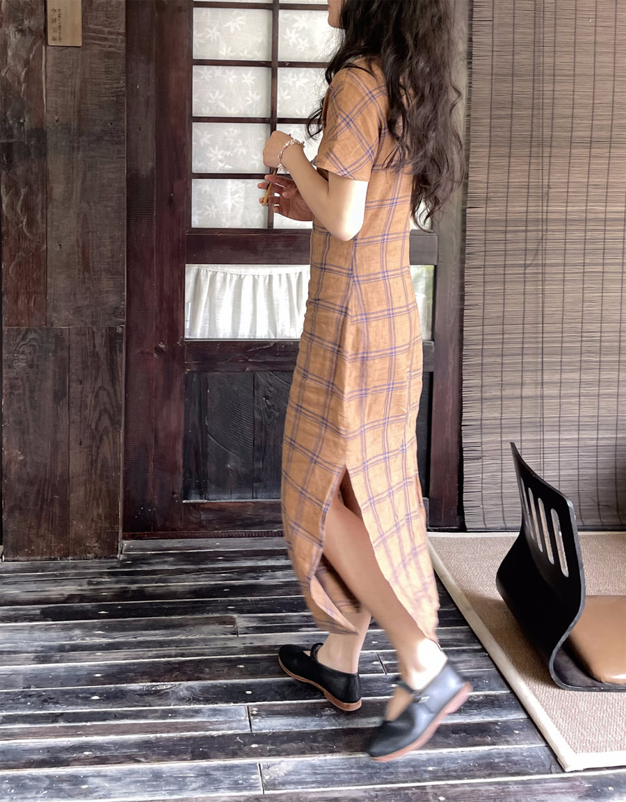 Waiting for Leisure 山月等闲 1930s Inspired Pure Linen Flannel Bottleneck Qipao
