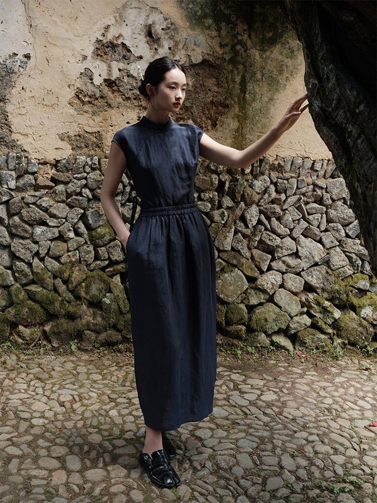 Lan Su 蓝溯 Tracing Blue New Chinese Style Summer Tencel Linen Qipao Top & Skirt Set