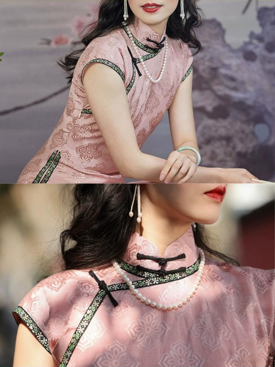 Tao Fen 桃粉 Peach Powder 1930s Satin Jacquard Cap Sleeve Qipao