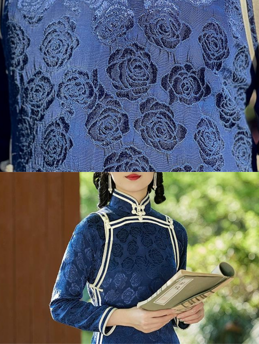 Yin Dan 阴丹 Shaded Peony 1930s Contrast Trim Long Sleeve Qipao