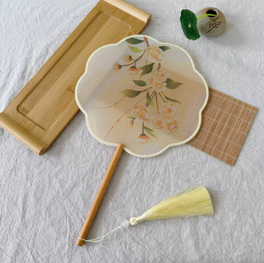 Shanzi 扇子 Translucent Silk Floral Print Tuanshan Round Fan