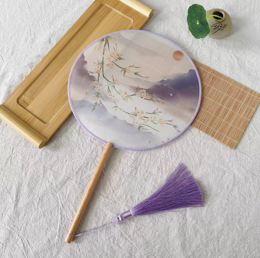 Shanzi 扇子 Translucent Silk Floral Print Tuanshan Round Fan